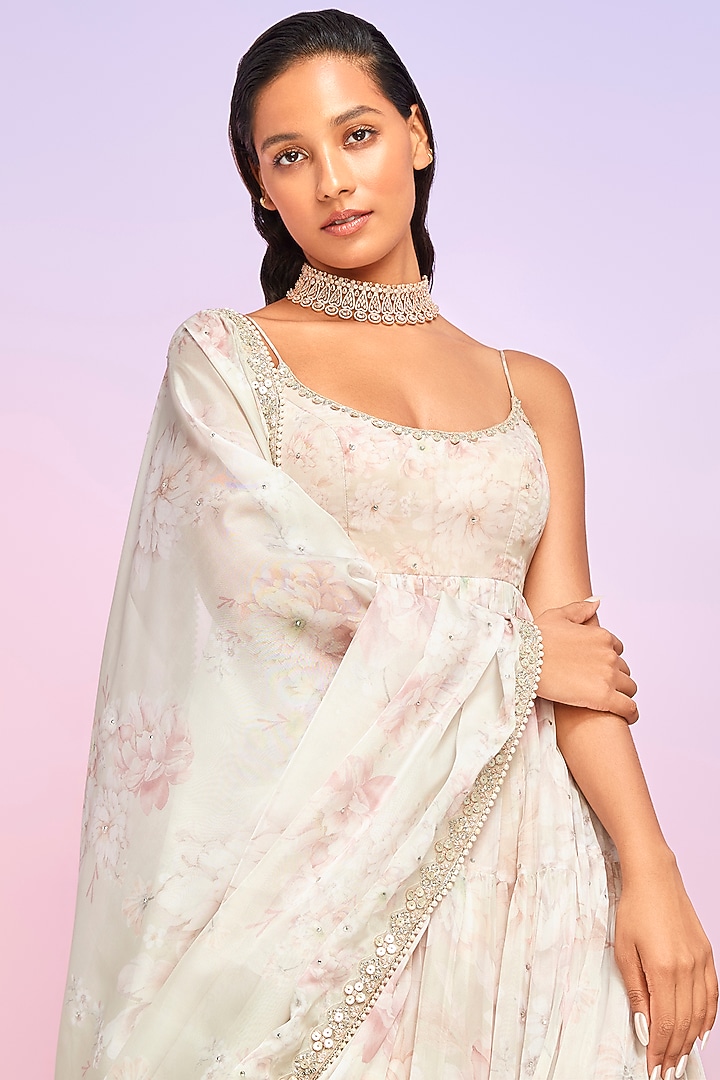Beige Tabby Silk Floral Printed Party Wear Anarkali Set by Lashkaraa at Pernia's Pop Up Shop
