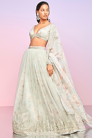 Dusty Grey Net Floral Printed Lehenga Set by Lashkaraa