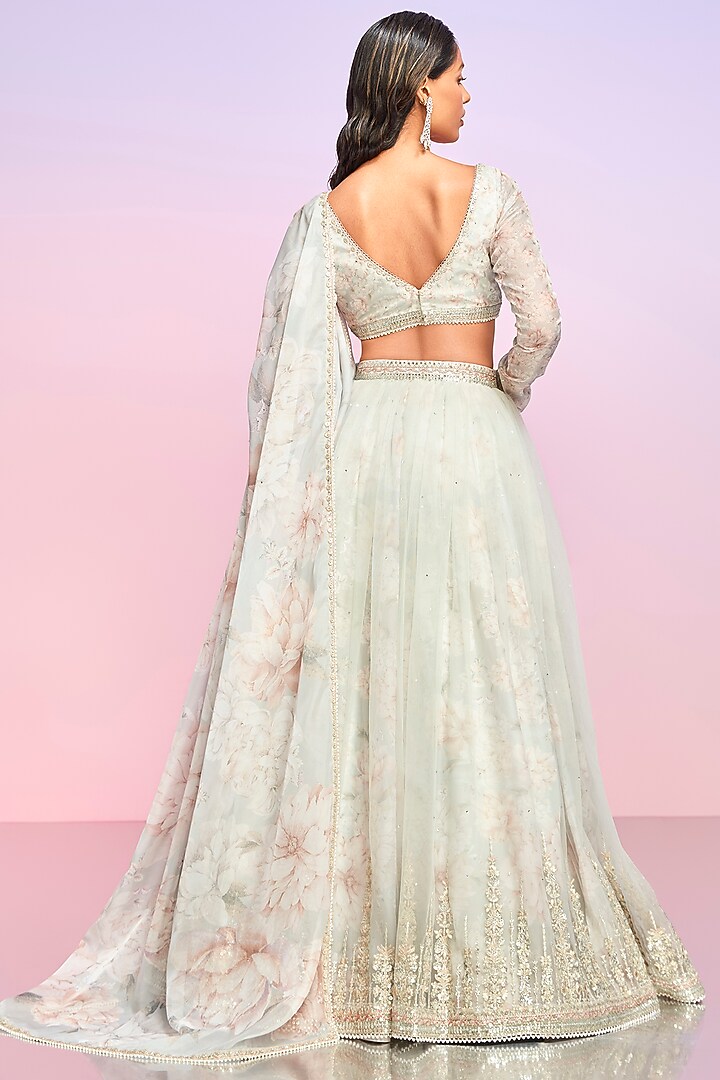 Dusty Grey Net Floral Printed Lehenga Set by Lashkaraa at Pernia's Pop Up Shop