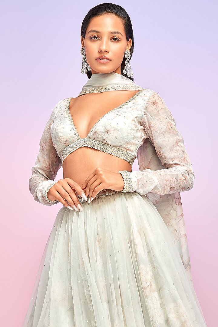Dusty Grey Net Floral Printed Lehenga Set by Lashkaraa at Pernia's Pop Up Shop