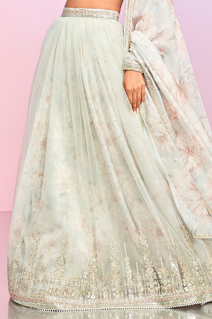 Dusty Grey Net Floral Printed Lehenga Set by Lashkaraa at Pernia's Pop Up Shop