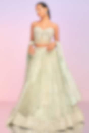 Light Green Net Floral Printed Wedding Lehenga Set by Lashkaraa at Pernia's Pop Up Shop