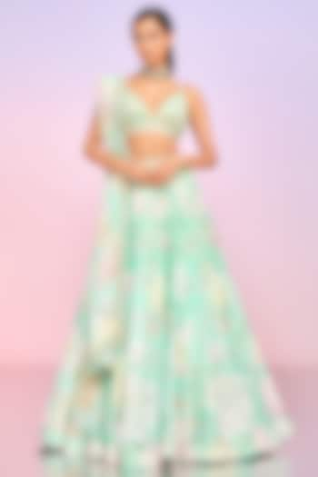 Mint Tabby Silk Floral Printed Lehenga Set by Lashkaraa at Pernia's Pop Up Shop