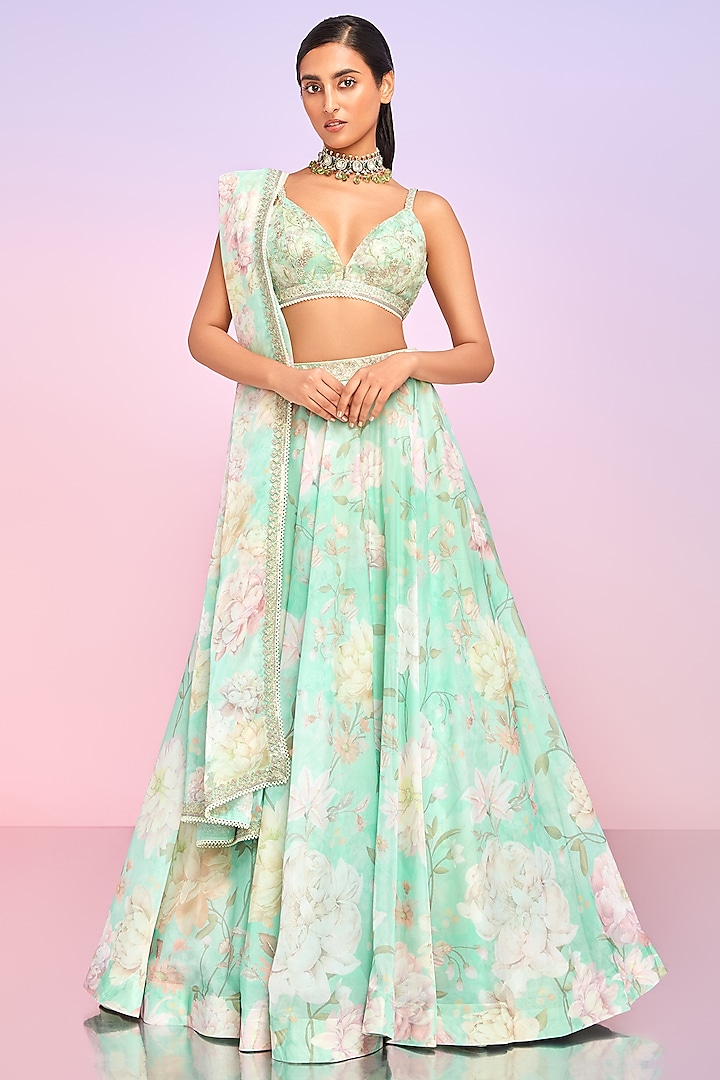 Mint Tabby Silk Floral Printed Lehenga Set by Lashkaraa at Pernia's Pop Up Shop