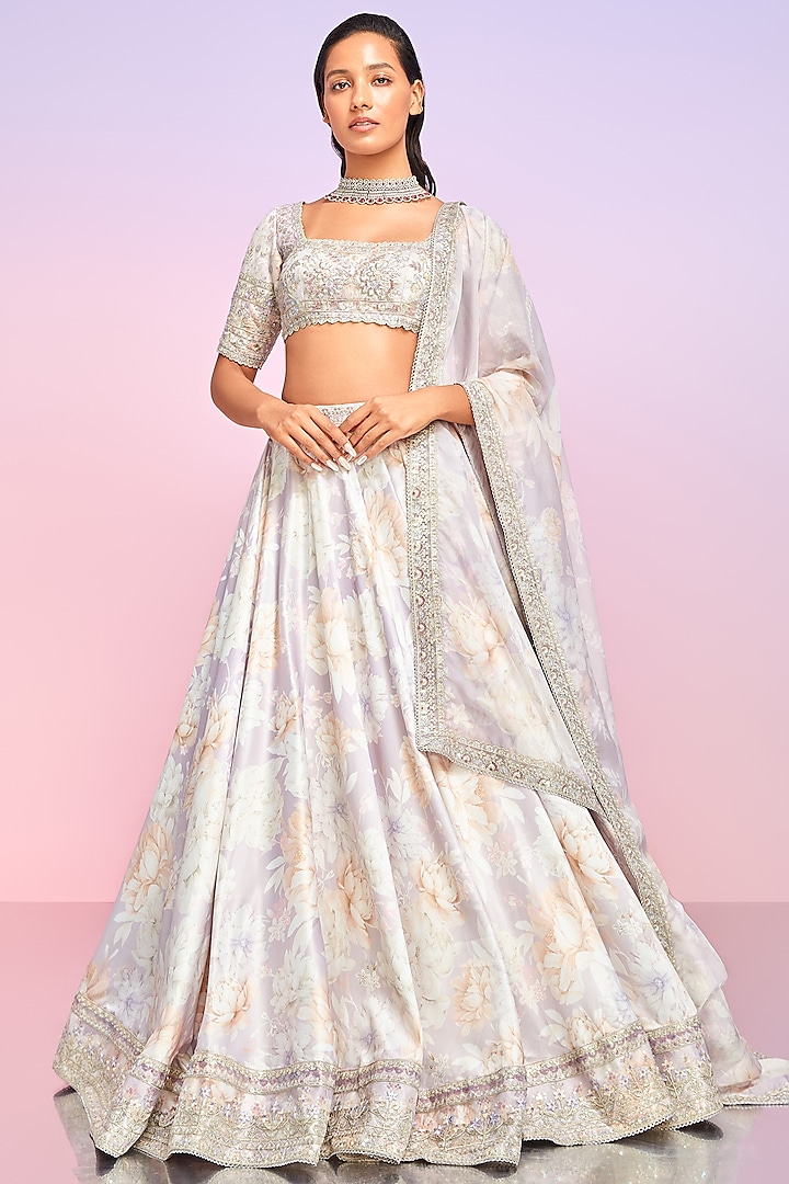 Dusty Lavender Silk Floral Printed Lehenga Set by Lashkaraa