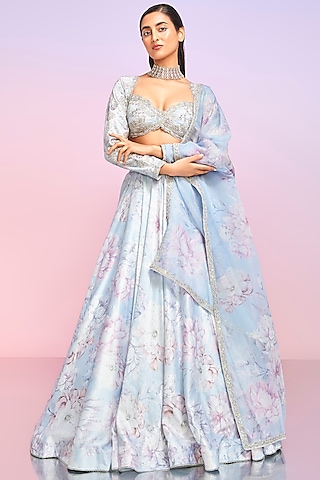 Dusty Periwinkle Silk Floral Printed Lehenga Set by Lashkaraa