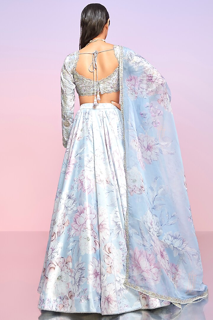 Dusty Periwinkle Silk Floral Printed Lehenga Set by Lashkaraa at Pernia's Pop Up Shop