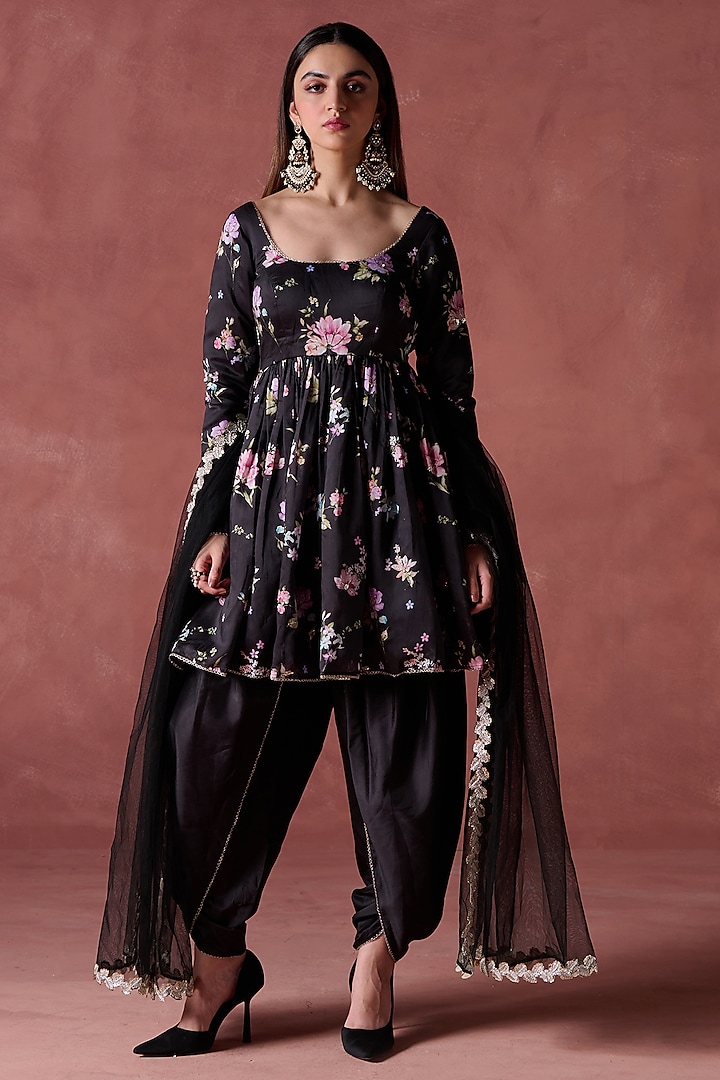 Black Chanderi Silk Floral Printed Peplum Kurta Set by Lashkaraa at Pernia's Pop Up Shop