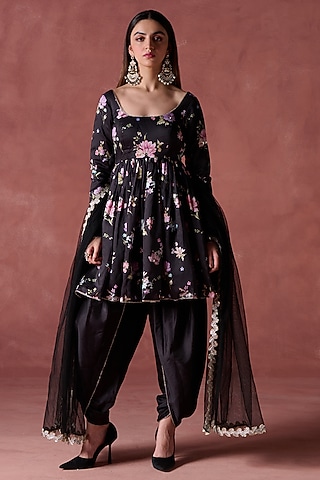 Black Chanderi Silk Floral Printed Peplum Kurta Set by Lashkaraa
