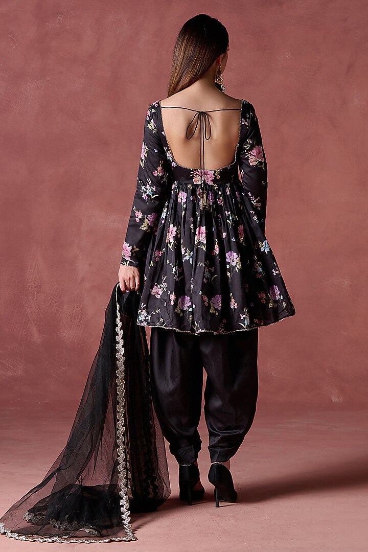 Black Chanderi Silk Floral Printed Peplum Kurta Set by Lashkaraa at Pernia's Pop Up Shop
