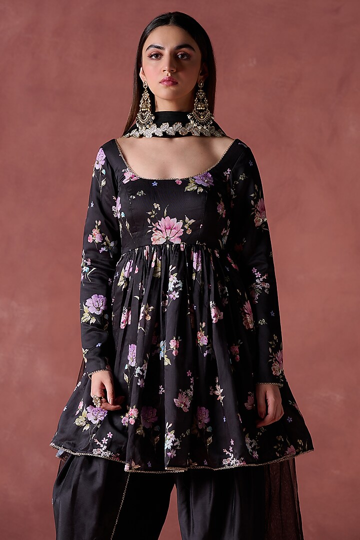 Black Chanderi Silk Floral Printed Peplum Kurta Set by Lashkaraa at Pernia's Pop Up Shop