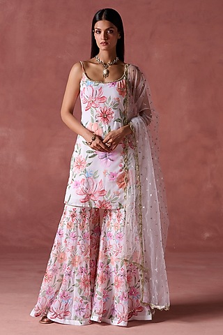 White & Pink Georgette Floral Printed Kurta Set by Lashkaraa