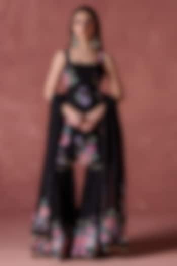 Black Georgette Floral Printed Kurta Set by Lashkaraa at Pernia's Pop Up Shop