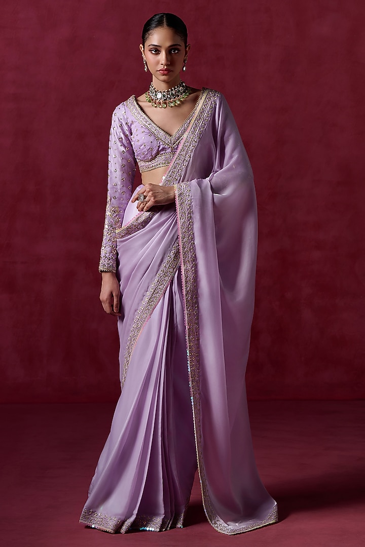 Lavender Silk Sequins Embroidered Party Wear Saree Set by Lashkaraa at Pernia's Pop Up Shop