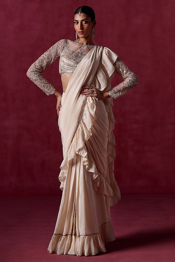 Nude Crepe Zari Embroidered Ruffled Saree Set by Lashkaraa at Pernia's Pop Up Shop