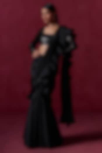 Black Crepe Zari Embroidered Ruffled Festive Saree Set by Lashkaraa at Pernia's Pop Up Shop