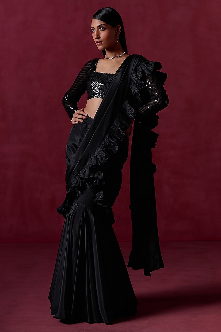 Black Crepe Zari Embroidered Ruffled Festive Saree Set by Lashkaraa at Pernia's Pop Up Shop