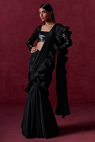 Black Crepe Zari Embroidered Ruffled Pre-Stitched Saree Set by Lashkaraa