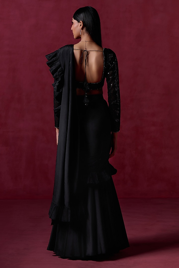 Black Crepe Zari Embroidered Ruffled Pre-Stitched Festive Saree Set by Lashkaraa at Pernia's Pop Up Shop