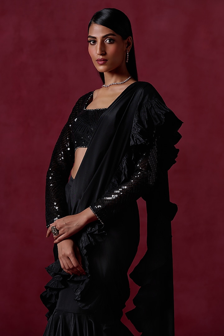 Black Crepe Zari Embroidered Ruffled Pre-Stitched Festive Saree Set by Lashkaraa at Pernia's Pop Up Shop