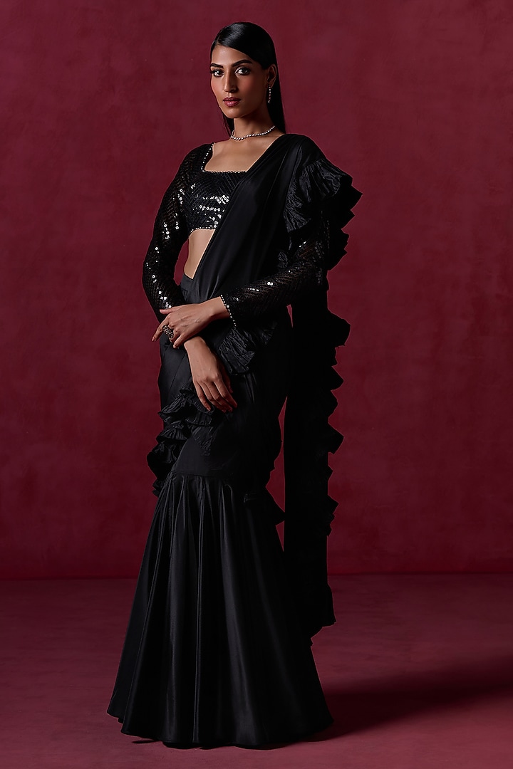 Black Crepe Zari Embroidered Ruffled Pre-Stitched Festive Saree Set by Lashkaraa at Pernia's Pop Up Shop