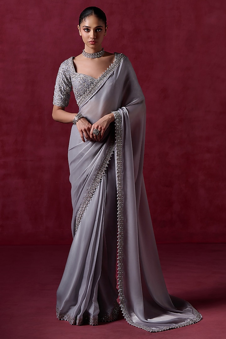 Grey Silk Zari Embroidered Saree Set by Lashkaraa at Pernia's Pop Up Shop