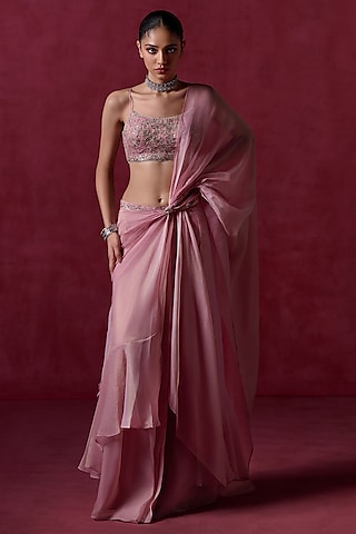 Rose Pink Net Zari Embroidered Pre-Stitched Saree Set by Lashkaraa