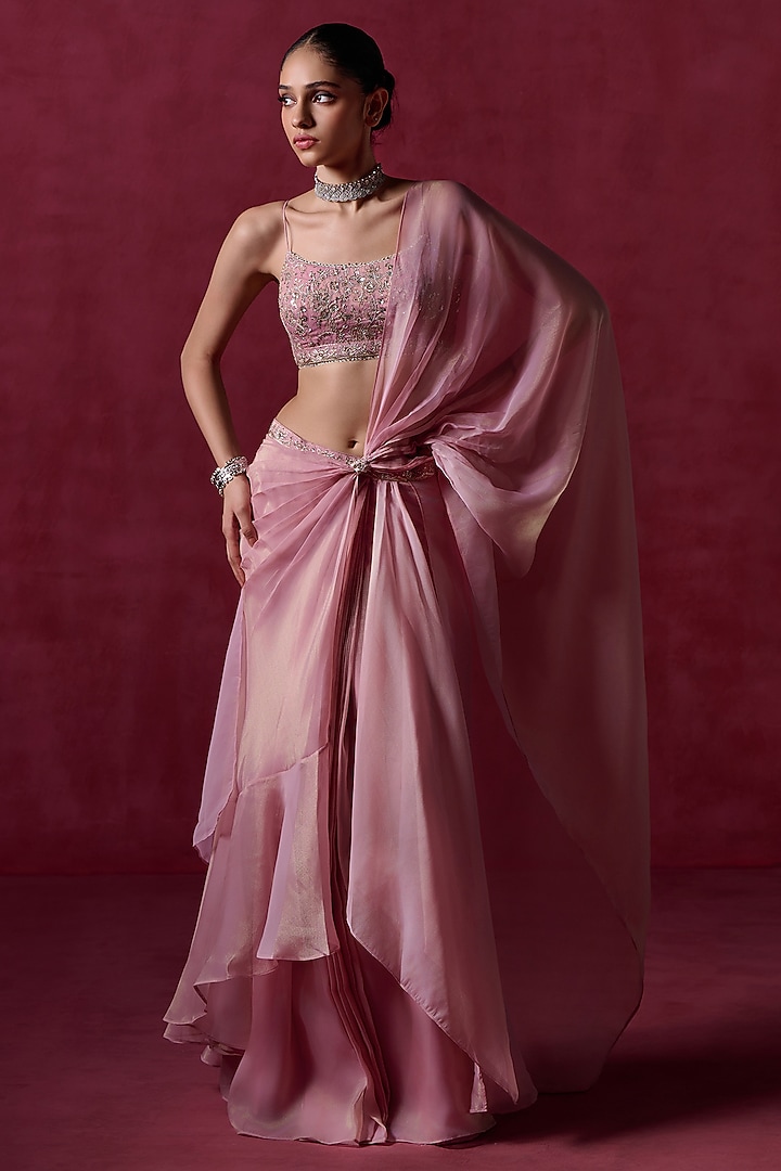 Rose Pink Net Zari Embroidered Pre-Stitched Festive Saree Set by Lashkaraa at Pernia's Pop Up Shop