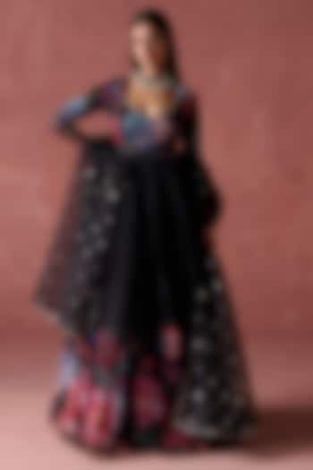 Black Organza Floral Printed Party Wear Anarkali Set by Lashkaraa at Pernia's Pop Up Shop
