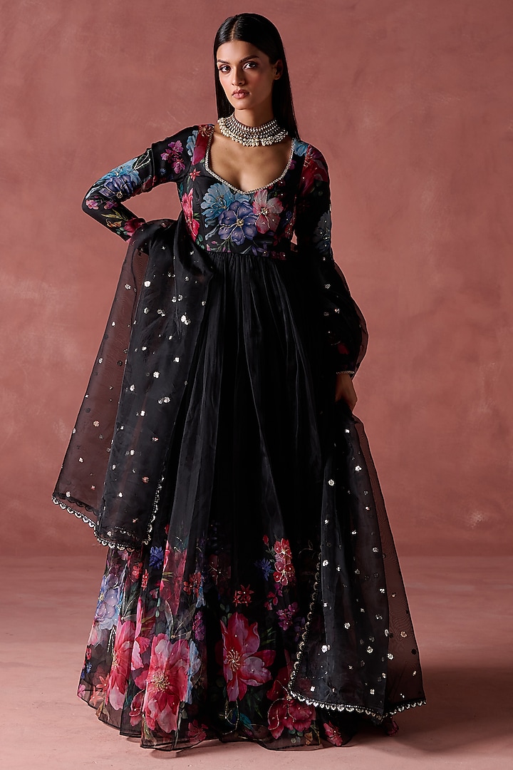 Black Organza Floral Printed Party Wear Anarkali Set by Lashkaraa at Pernia's Pop Up Shop