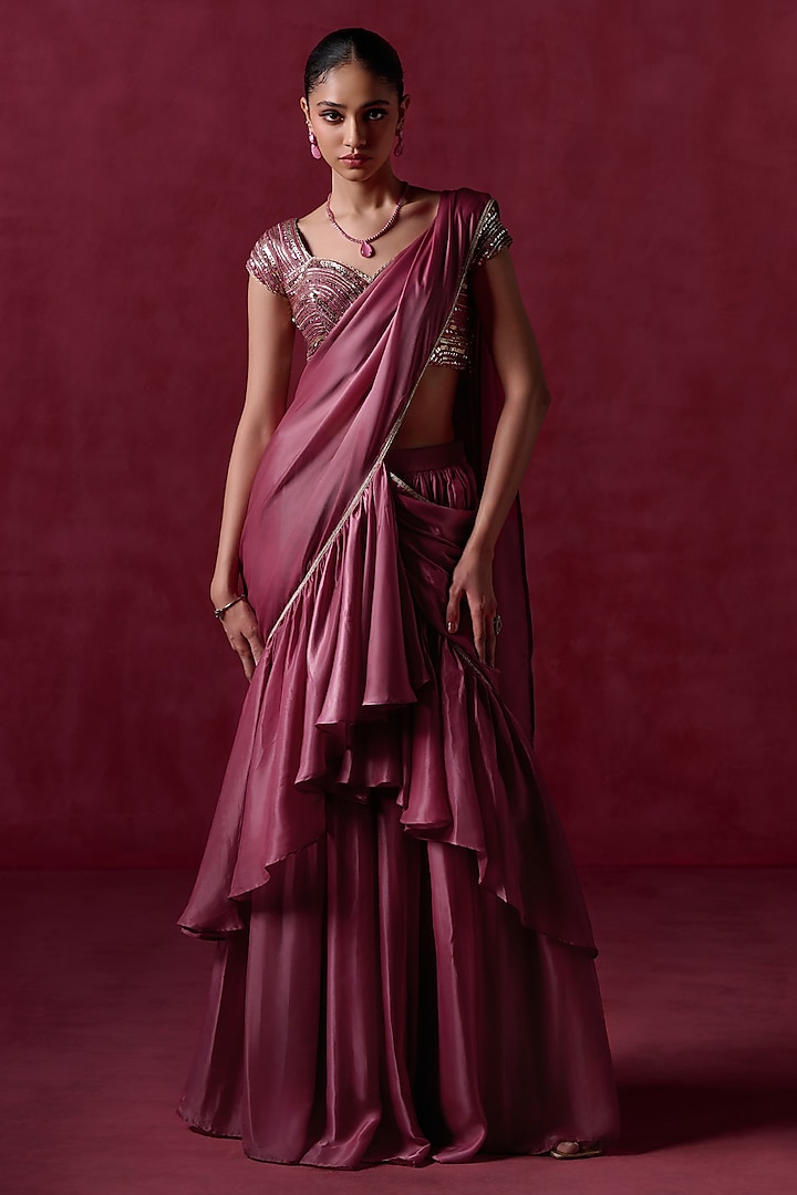 Mauve Silk Zari Embroidered Ruffled Saree Set by Lashkaraa at Pernia's Pop Up Shop