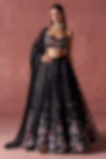 Black Organza Floral Printed Lehenga Set by Lashkaraa at Pernia's Pop Up Shop