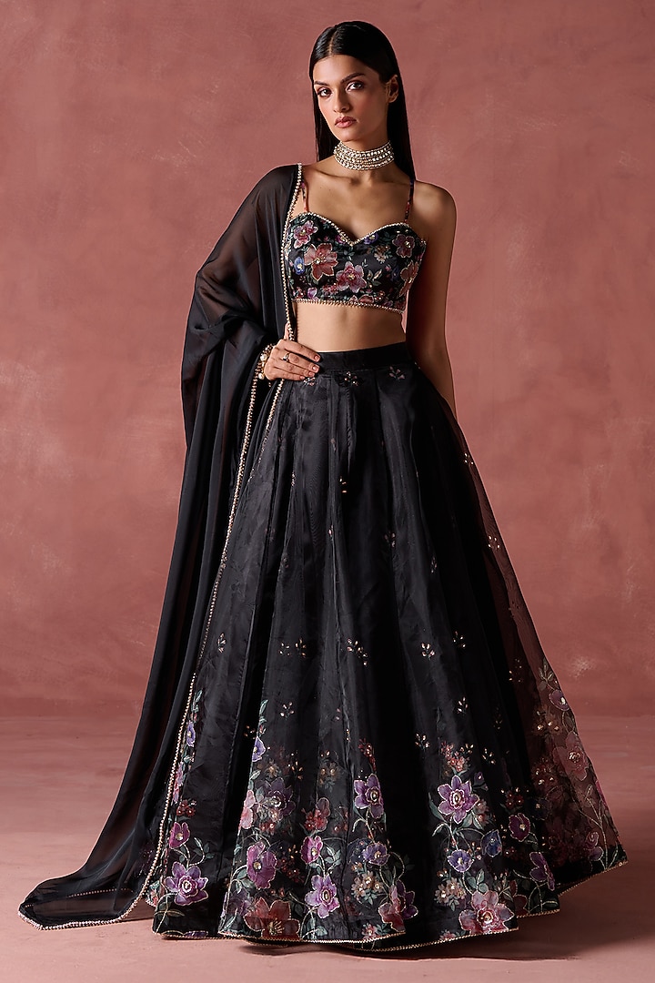 Black Organza Floral Printed Lehenga Set by Lashkaraa at Pernia's Pop Up Shop