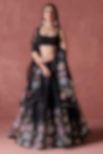 Black Organza Floral Printed Lehenga Set by Lashkaraa at Pernia's Pop Up Shop