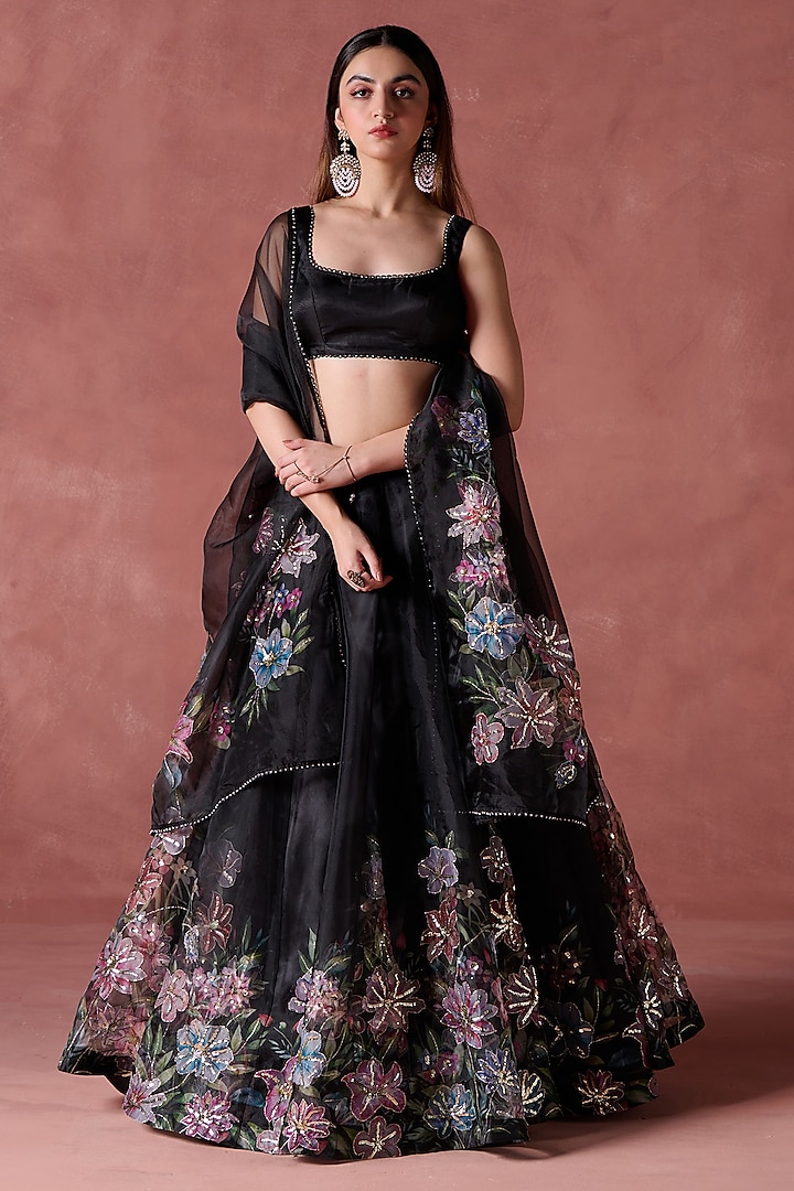 Black Organza Floral Printed Lehenga Set by Lashkaraa at Pernia's Pop Up Shop