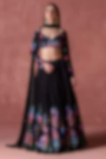 Black Georgette Floral Printed Lehenga Set by Lashkaraa at Pernia's Pop Up Shop