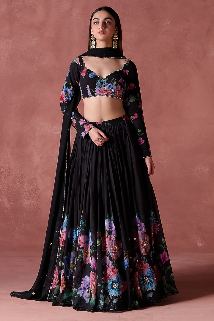 Black Georgette Floral Printed Lehenga Set by Lashkaraa at Pernia's Pop Up Shop