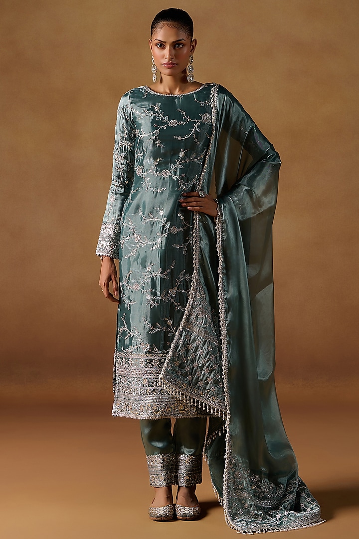 Light Teal Tissue Organza Zari Hand Embroidered Kurta Set by Lashkaraa at Pernia's Pop Up Shop