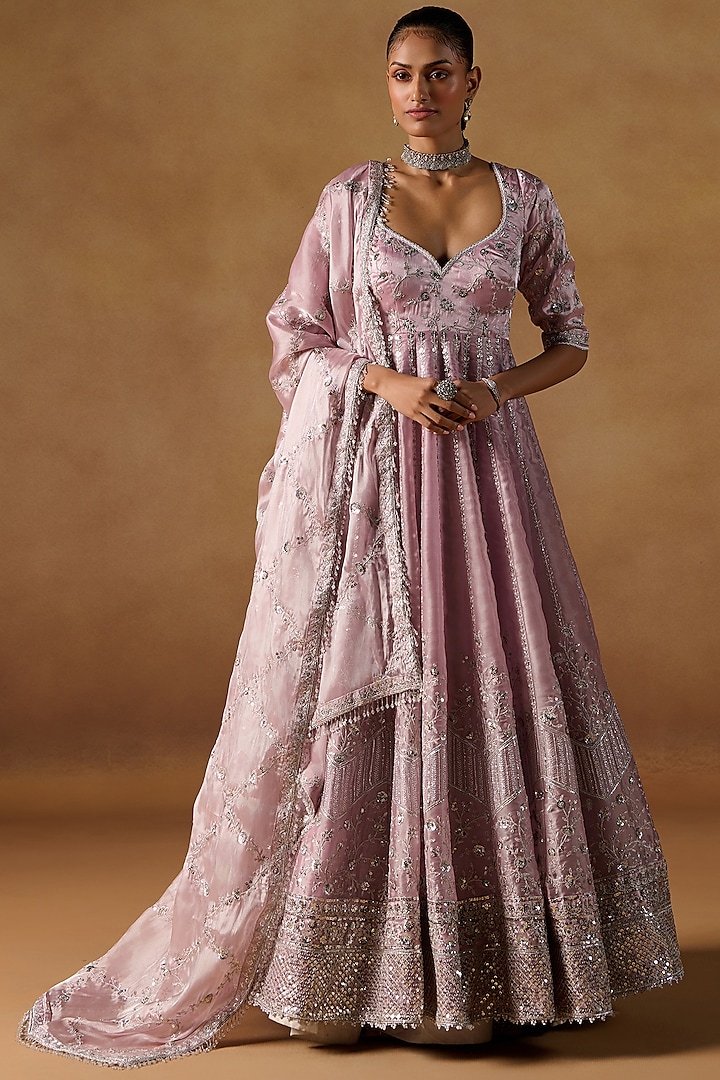 Mauve Tissue Organza Zari Hand Embroidered Anarkali Set by Lashkaraa at Pernia's Pop Up Shop