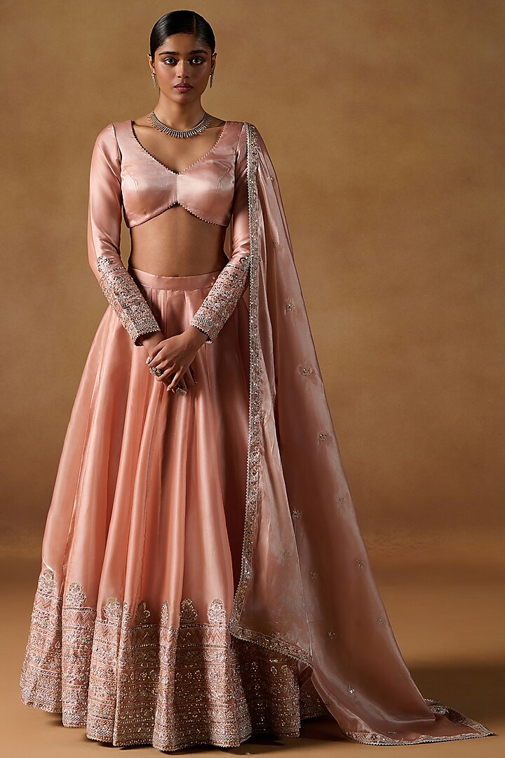 Dusty Coral Tissue Organza Zari Hand Embroidered Lehenga Set by Lashkaraa at Pernia's Pop Up Shop