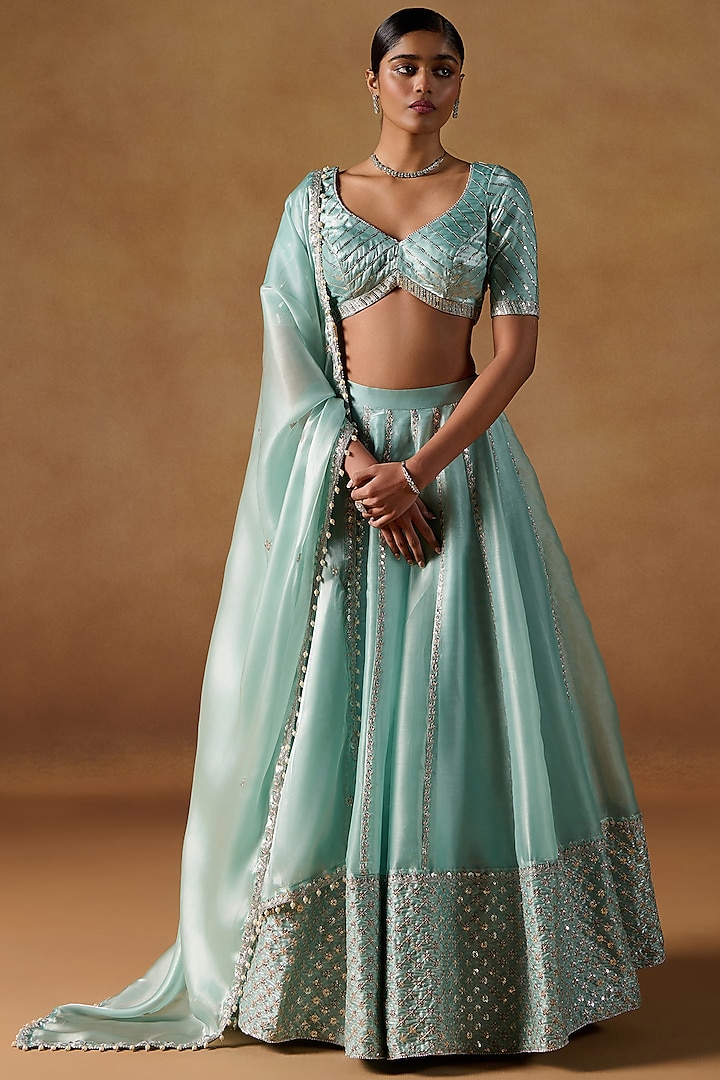 Turquoise Tissue Organza Zari Hand Embroidered Lehenga Set by Lashkaraa at Pernia's Pop Up Shop