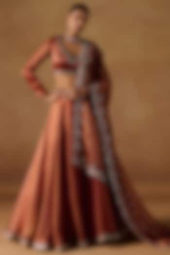 Rust Tissue Organza Zari Hand Embroidered Lehenga Set by Lashkaraa at Pernia's Pop Up Shop
