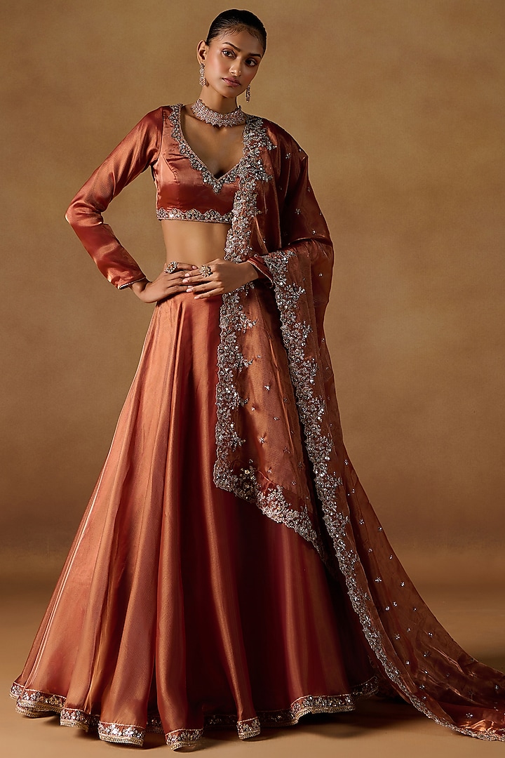 Rust Tissue Organza Zari Hand Embroidered Lehenga Set by Lashkaraa at Pernia's Pop Up Shop
