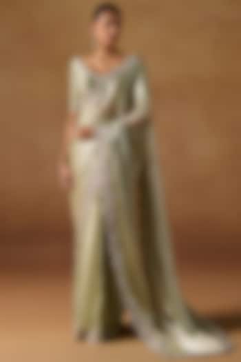 Light Olive Tissue Organza Sequin Embroidered Pre-Stitched Festive Saree Set by Lashkaraa at Pernia's Pop Up Shop