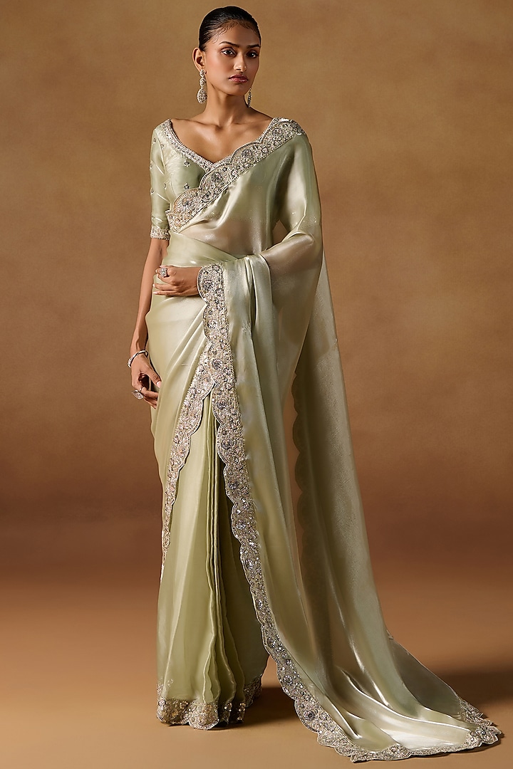 Light Olive Tissue Organza Sequin Embroidered Pre-Stitched Festive Saree Set by Lashkaraa at Pernia's Pop Up Shop