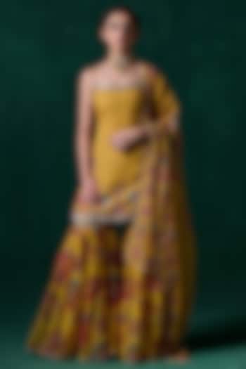 Yellow Chiffon Floral Printed Gharara Set by Lashkaraa at Pernia's Pop Up Shop