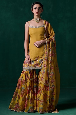 Yellow Chiffon Floral Printed Gharara Set by Lashkaraa