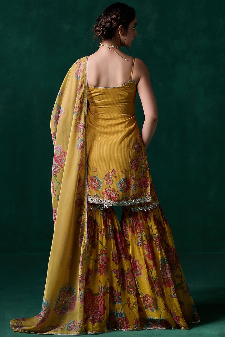 Yellow Chiffon Floral Printed Gharara Set by Lashkaraa at Pernia's Pop Up Shop