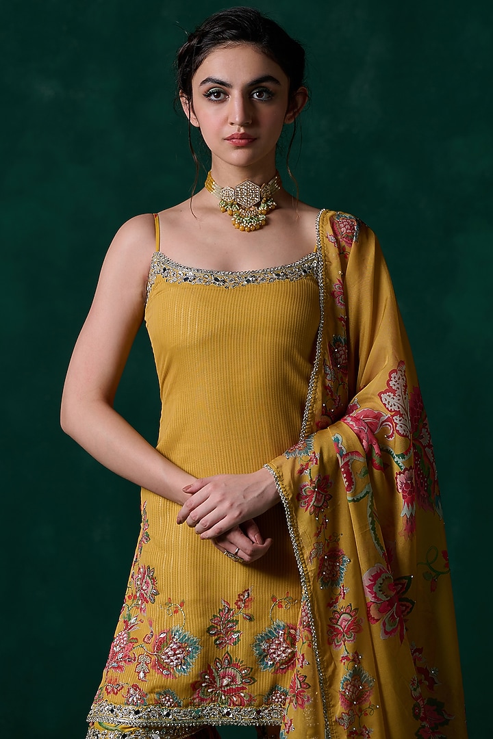 Yellow Chiffon Floral Printed Gharara Set by Lashkaraa at Pernia's Pop Up Shop