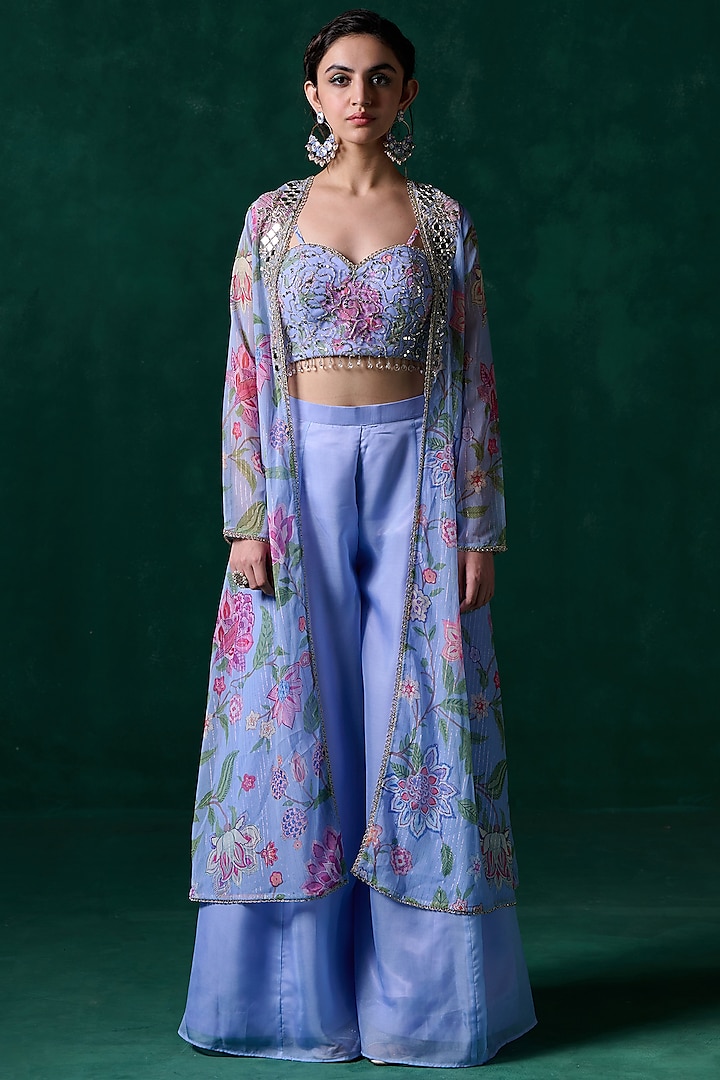 Periwinkle Georgette Floral Printed & Embellished Jacket Set by Lashkaraa at Pernia's Pop Up Shop